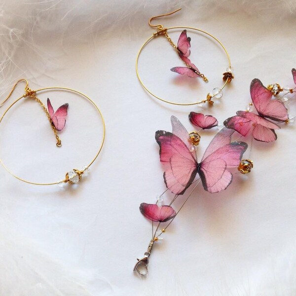 Silk butterfly jewelry set: Bracelet and Earrings with Morpho Butterfly, Butterfly bracelet, Morpho Butterfly, Earrings with butterflies