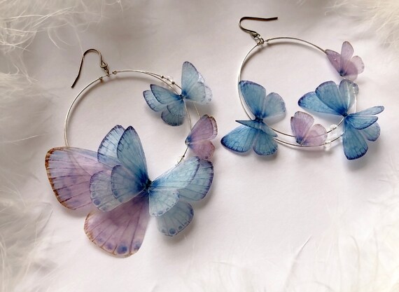 Dreamy Hoops Earrings Butterflies from "Gracia" Set for Boho Chic Look on Party, Butterfly Earrings, Hoop Earrings of Silk Butterfly wings