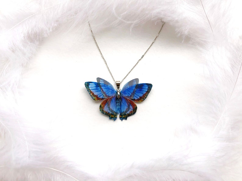 Blue butterfly pendant necklace on white feathers background