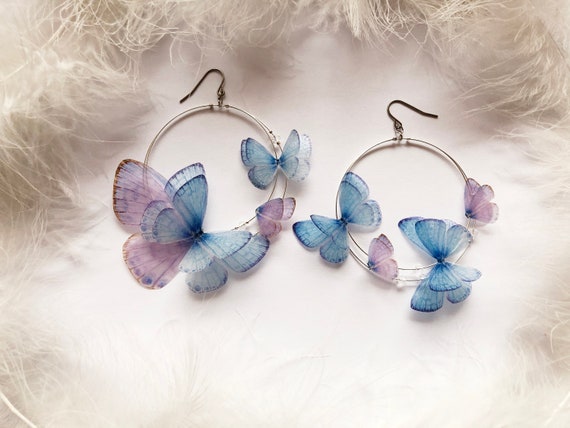 Hoops Earrings with silk Butterfly Wings Hoop Earrings with Magic Ruby Butterflies Custom design Red Hoop Earrings Butterfly Earrings