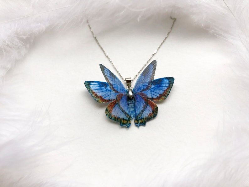Blue butterfly pendant necklace on white background