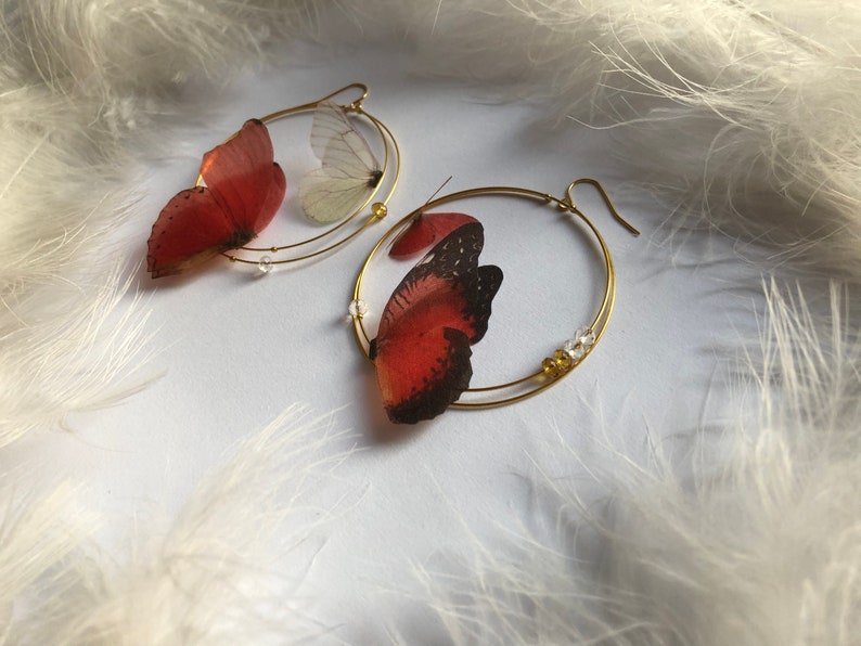 Hoops Earrings with silk Butterfly Wings Hoop Earrings with Magic Ruby Butterflies Custom design Red Hoop Earrings Butterfly Earrings