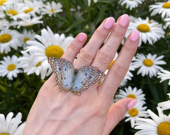 Pastelblauwe vlinderring, op de natuur geïnspireerde statement ring voor natuurliefhebbers, leuk cadeau voor haar, leuke Koreaanse vlinderring, zachte blauwe ring