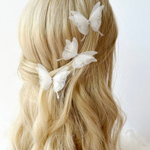 Ivory White SET: &quot;Flower Girl&quot;  with crystals, Silk Organza Butterfly Hairpins, Butterfly Clips, Silk Butterfly Hair Clip, Butterfly Bride