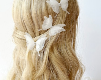 Silk Organza Butterfly Hair Pins: Ivory White Crystal Set