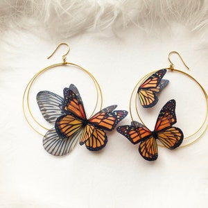 Monarch Butterfly Hoop Earrings - Handmade Boho Silk Jewelry
