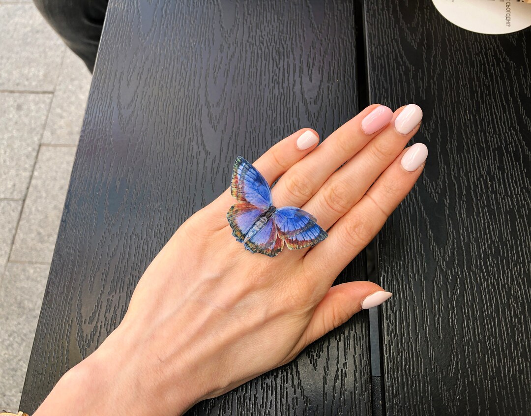 Indigo Blue Butterfly Ring Natureinspired Statement Ring for Etsy