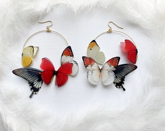 Handmade Boho Hoop Earrings with Faux Butterflies, Unique Fairy Jewelry, Cute Gift Idea for Her, Aesthetic Earrings, Lilac Earrings