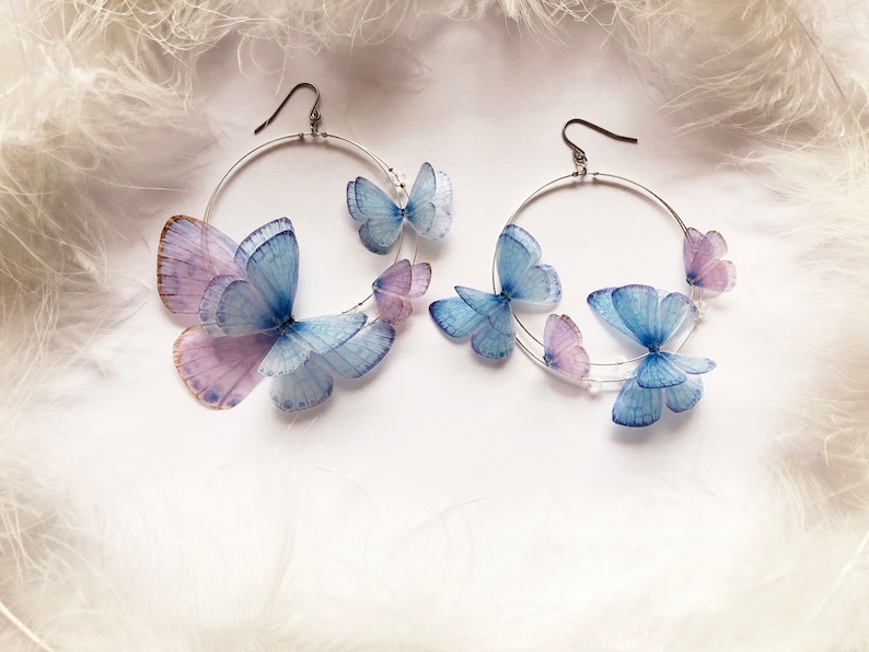 Dreamy Hoops Earrings Butterflies from Gracia Set for Boho Chic Look on Party Butterfly Earrings Hoop Earrings of Silk Butterfly wings