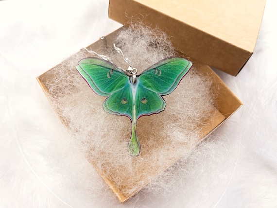 Handmade Green Lunar Moth Pendant – Boho Silk Moth Necklace