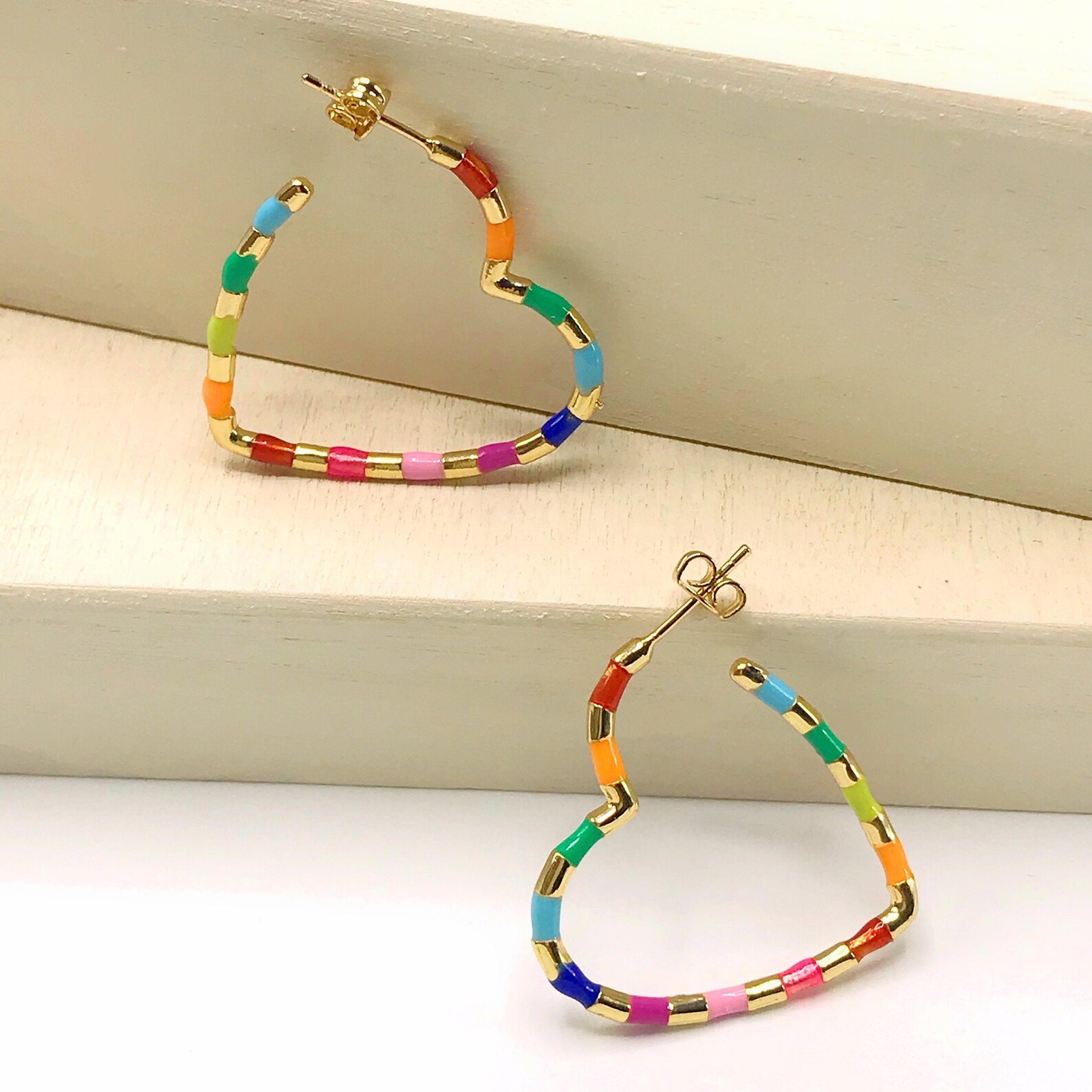 Rainbow Enamel Heart Hoop Earrings Gold Heart Earrings Etsy
