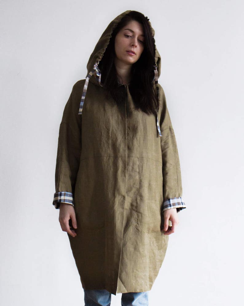 Khaki Linen Hooded Coat with Checkered Lining and Pockets