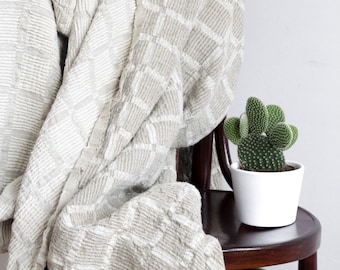 Coperta/copriletto in lino naturale jacquard con motivo a nido d'ape