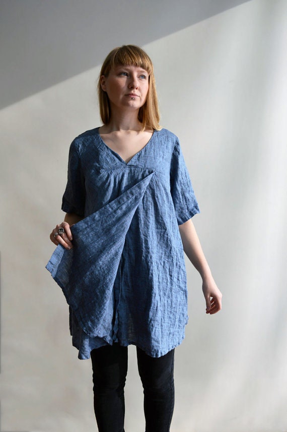 Linen Tunic Top With a Double Draping - Etsy