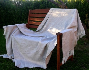 Natural Rustic Linen Bed Cover / Throw with Fringes