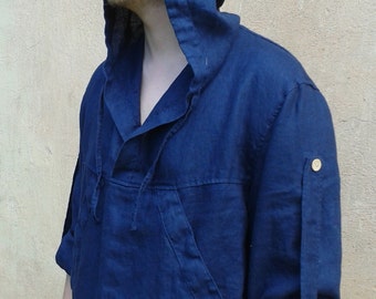 Hooded Linen Shirt: Long Sleeve Kangaroo Pocket Blouson