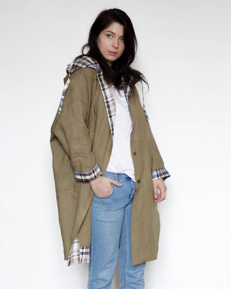 Khaki Linen Hooded Coat with Checkered Lining and Pockets