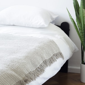 May include: A white bed with a gray and white striped throw blanket with fringe. The bed has a white pillow and white sheets. A green plant is in a white pot on the right side of the image.