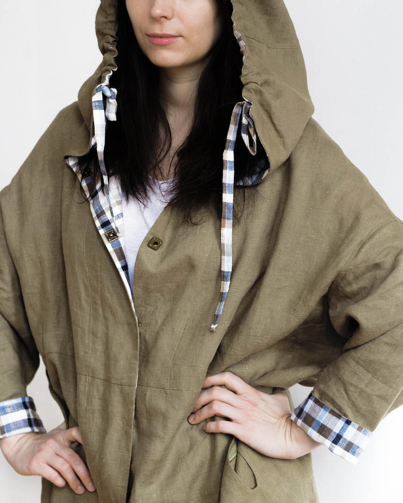 Khaki Linen Hooded Coat with Checkered Lining and Pockets