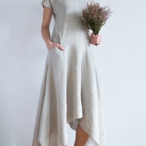 Natural Linen Dress with Asymmetric Skirt and Pockets
