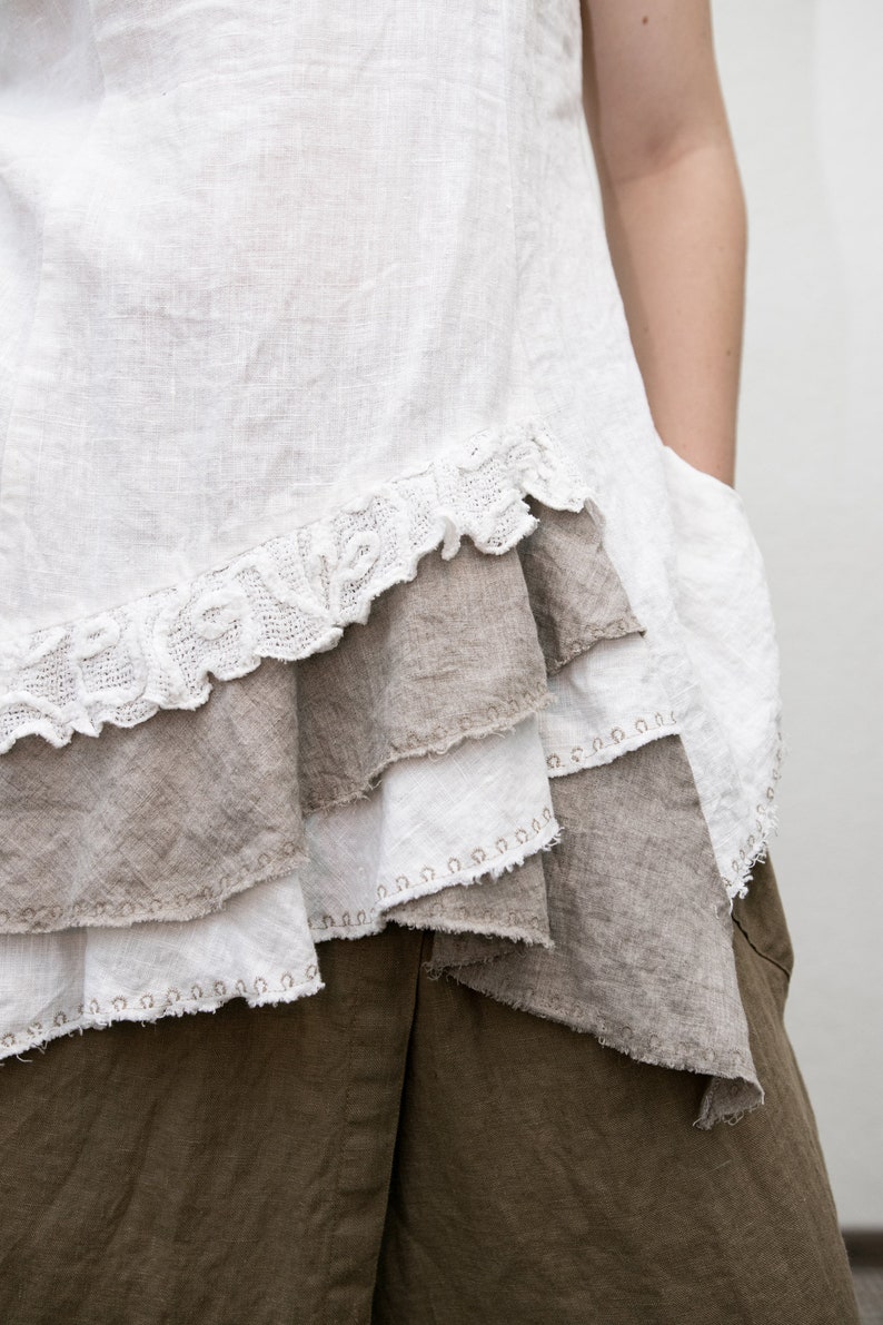 Boho Style Linen Top with Furbelow