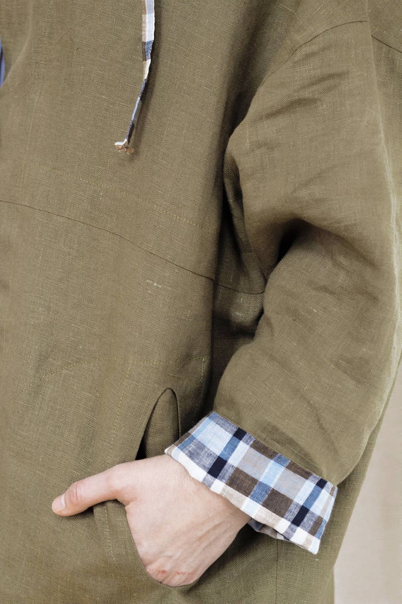 Khaki Linen Hooded Coat with Checkered Lining and Pockets