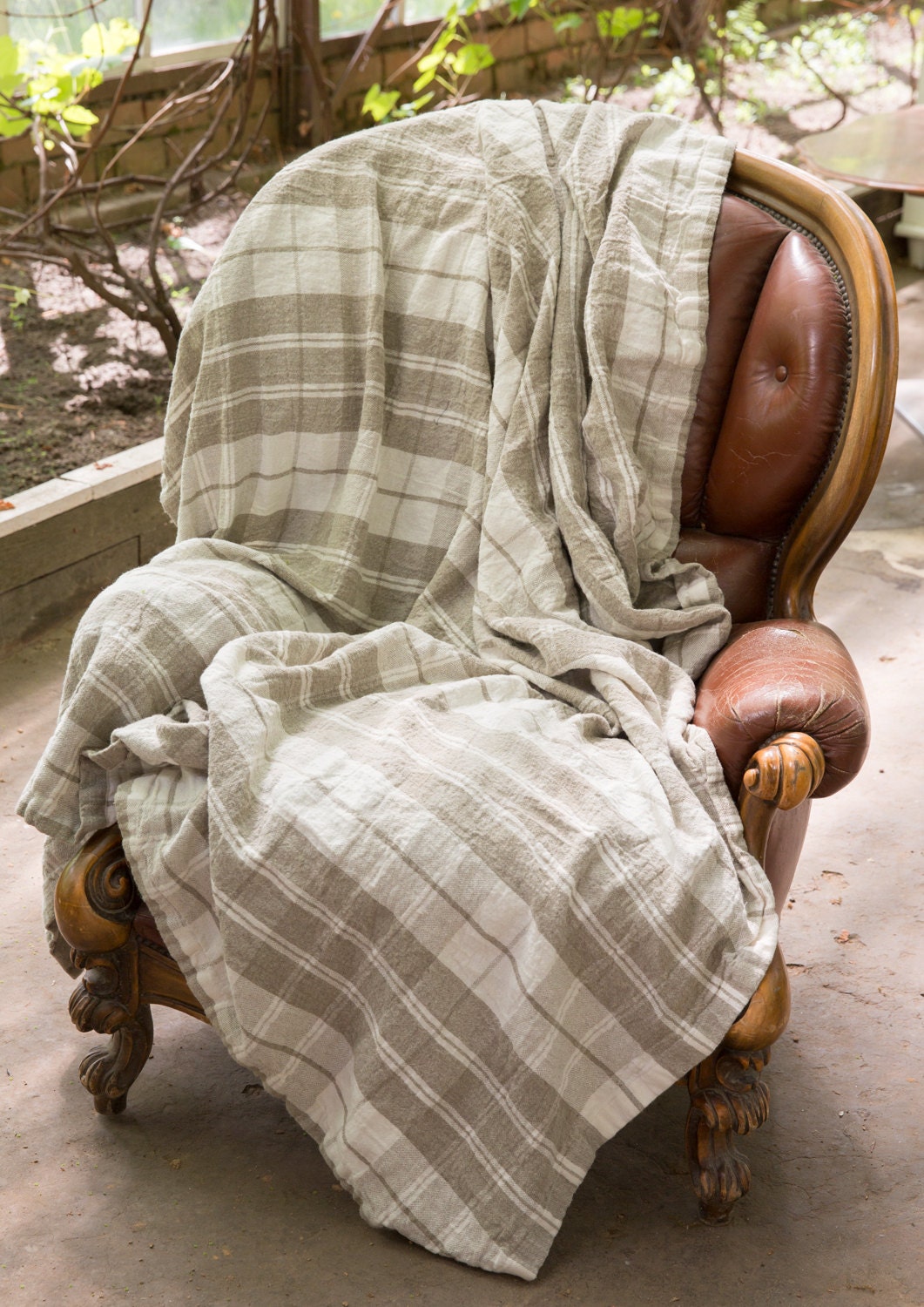 Checkered Natural Linen Bed Cover / Throw Etsy