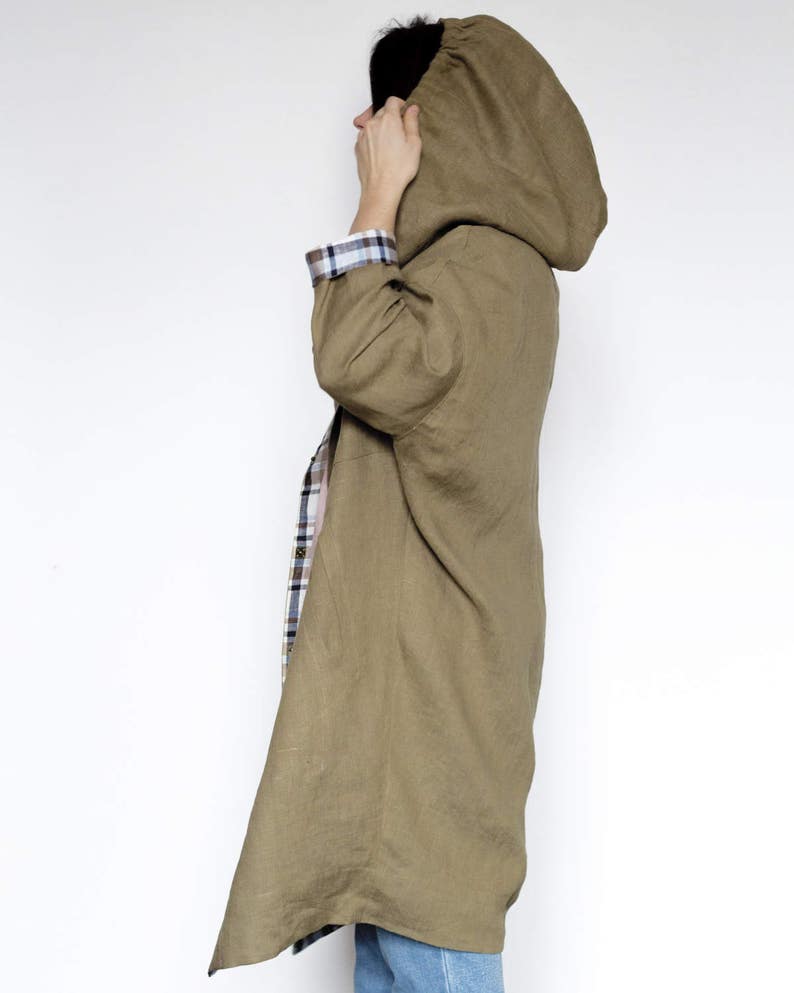 Khaki Linen Hooded Coat with Checkered Lining and Pockets