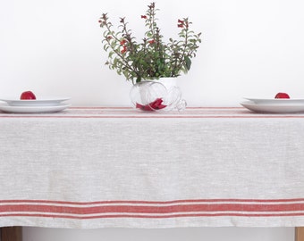 Red Striped Natural Linen Tablecloth Provence Tablecloth