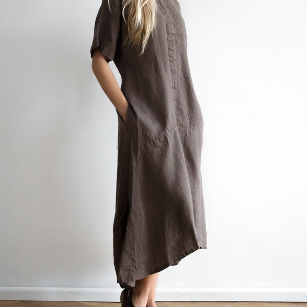 Loose Maxi Linen Dress with Short Sleeves and Pockets