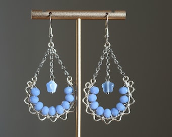 Blue sun shaped bubbly swings, Cornflower blue chandelier earrings, Wire wrapped pastel blue bohemian chandeliers, Blue boho dangle earrings