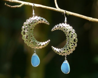 Opalite glass moon earrings, Silver moon chandelier earrings, moon goddess earrings, gemstone dangles, blue moon earrings
