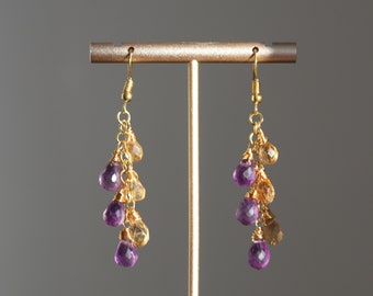 Amethyst and Citrine cluster earrings, Gemstone yellow purple boho earrings, Crystal briolette dangle earrings, Purple waterfall chandeliers