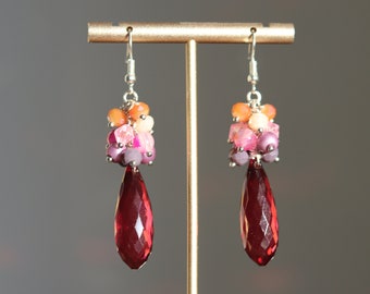 Orange purple pink red cluster drop earrings, Maroon dangle boho earrings, Faceted drop waterfall earrings, Fruity chandeliers