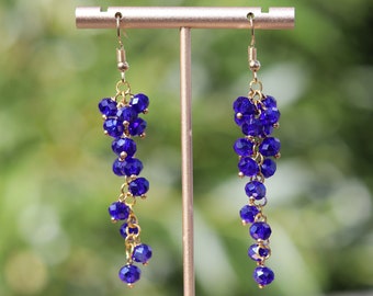 Blue long cluster earrings, Royal blue dangle earrings, Bohemian waterfall dark blue earrings, Blue and gold glittering long clusters