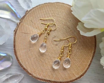 Clear Quartz drop earrings, Faceted Genuine Quartz crystal earrings, Dainty gemstone dangles, Clear briolette crystal drops