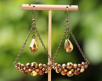 Gold metallic bubbly swings, Bronze and gold bohemian chandelier earrings with Tigers eye,Gold boho glittering chandeliers, estival earrings