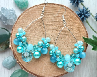 Light blue earrings, Mermaid style earrings, Ocean blue boho earrings, Ice blue queen earrings, Beaded hoop earrings, Teardrop bubbly hoops