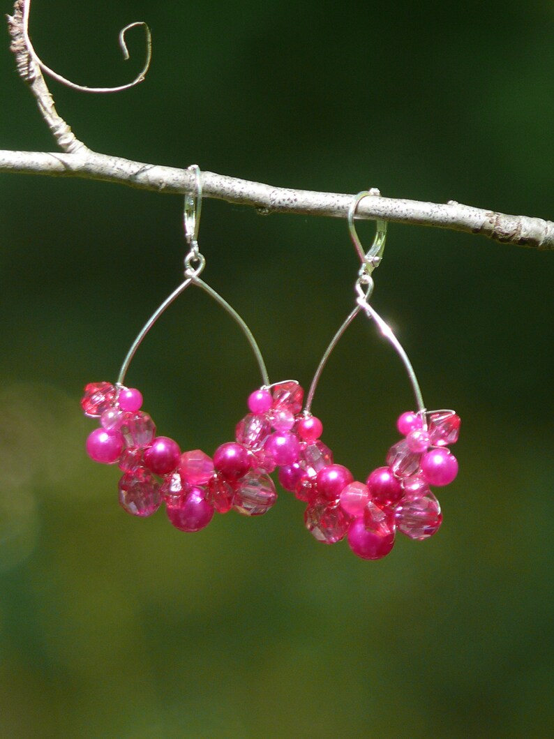 Fuchsia bohemian dangle earrings Pink hoop earrings Gift for her Barbie pink earrings Wire wrapped boho earrings Hot pink earrings