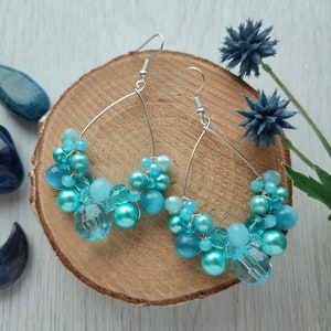 Light blue earrings, Mermaid style earrings, Ocean blue boho earrings, Ice blue queen earrings, Beaded hoop earrings, Teardrop bubbly hoops image 10