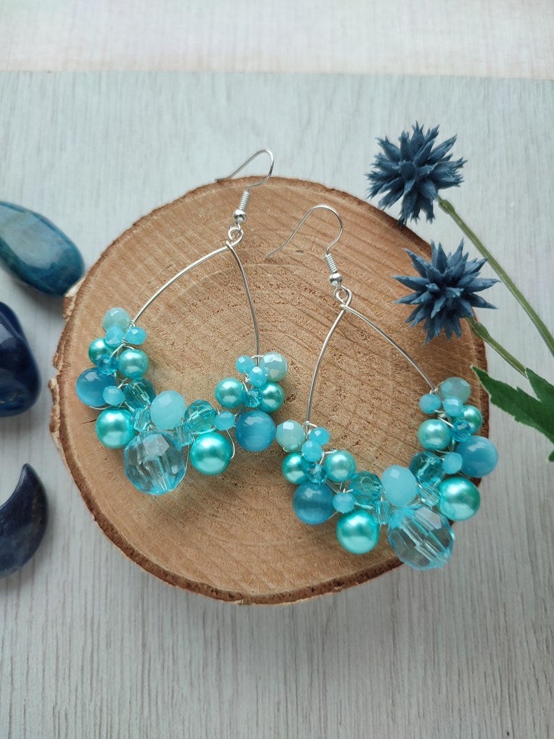 Light blue earrings, Mermaid style earrings, Ocean blue boho earrings, Ice blue queen earrings, Beaded hoop earrings, Teardrop bubbly hoops image 10