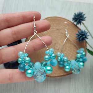 Light blue earrings, Mermaid style earrings, Ocean blue boho earrings, Ice blue queen earrings, Beaded hoop earrings, Teardrop bubbly hoops image 4