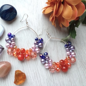 Extra large blue purple orange Bubbly Hoops, Bold vibrant hoop earrings with gemstones, Large beaded hoops, Orange blue boho crystal hoops