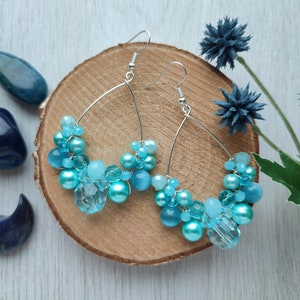 Light blue earrings, Mermaid style earrings, Ocean blue boho earrings, Ice blue queen earrings, Beaded hoop earrings, Teardrop bubbly hoops image 2