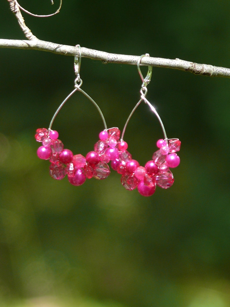 Fuchsia bohemian dangle earrings Pink hoop earrings Gift for her Barbie pink earrings Wire wrapped boho earrings Hot pink earrings