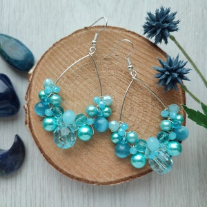 Light blue earrings, Mermaid style earrings, Ocean blue boho earrings, Ice blue queen earrings, Beaded hoop earrings, Teardrop bubbly hoops image 9