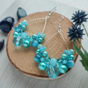 Light blue earrings, Mermaid style earrings, Ocean blue boho earrings, Ice blue queen earrings, Beaded hoop earrings, Teardrop bubbly hoops image 6