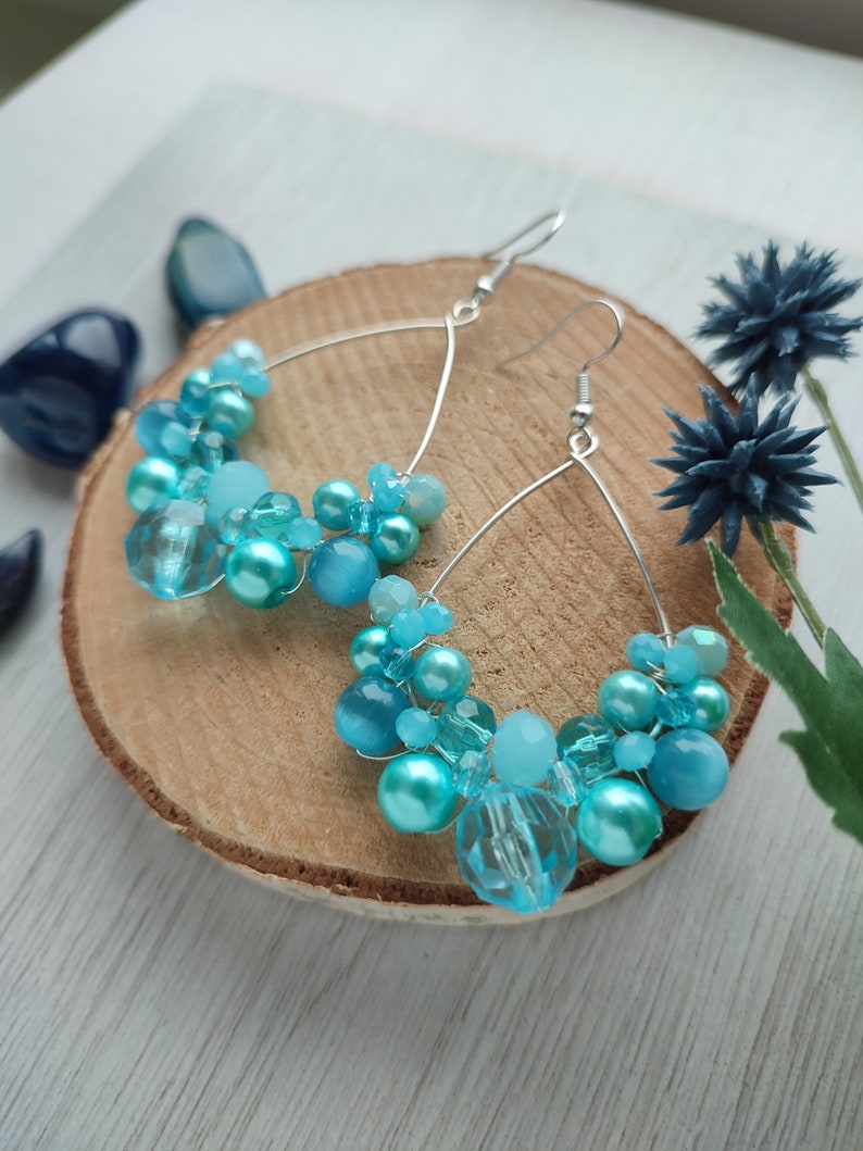 Light blue earrings, Mermaid style earrings, Ocean blue boho earrings, Ice blue queen earrings, Beaded hoop earrings, Teardrop bubbly hoops image 6