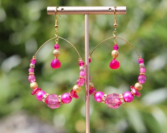 Hot pink boho hoops, Bohemian hoop earrings, Dark Pink chandelier earrings,Pink earrings with Chalcedony,Pink and gold earrings,Gift for her