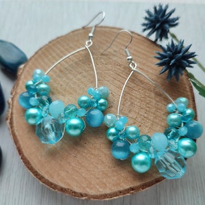 Light blue earrings, Mermaid style earrings, Ocean blue boho earrings, Ice blue queen earrings, Beaded hoop earrings, Teardrop bubbly hoops image 5